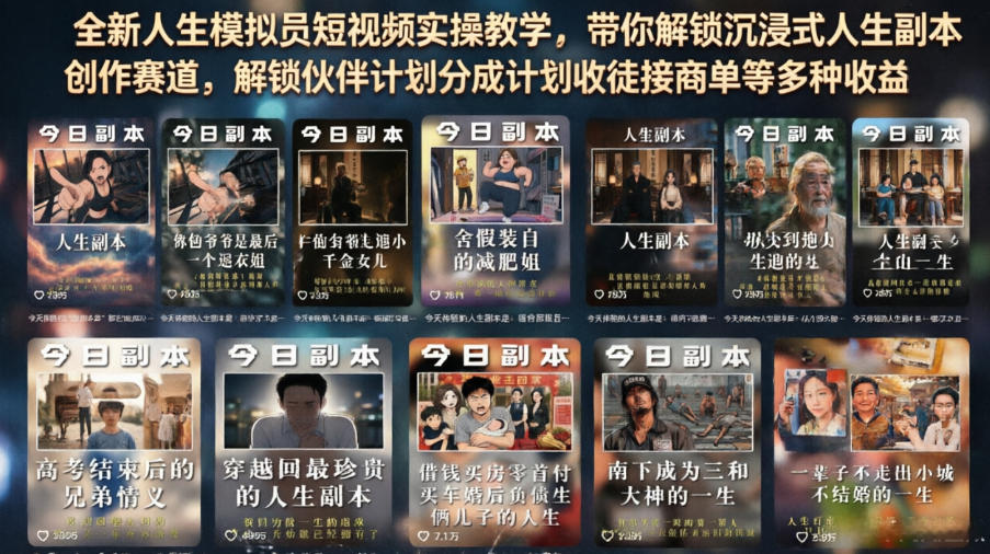 全新人生模拟员短视频实操教学，带你解锁沉浸式人生副本创作赛道，解锁伙伴计划分成计划收徒接商单等多种收益-宇文网创