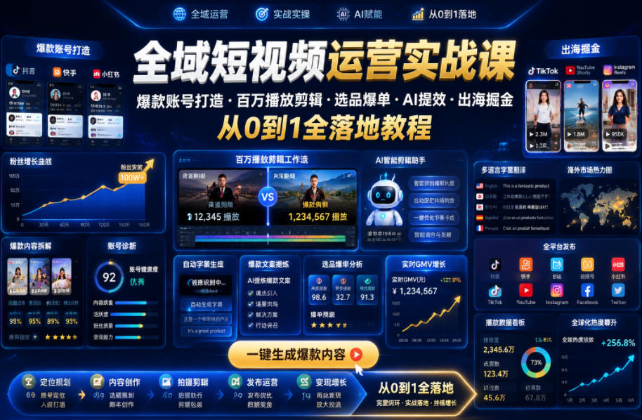 全域短视频运营实战课,爆款账号打造・百万播放剪辑・选品爆单・AI提效・出海掘金,从0到1全落地教程-宇文网创