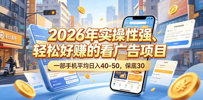 2026年实操性强、轻松好賺的看广告项目，一部手机平均日入40-50，保底30米【揭秘】-宇文网创