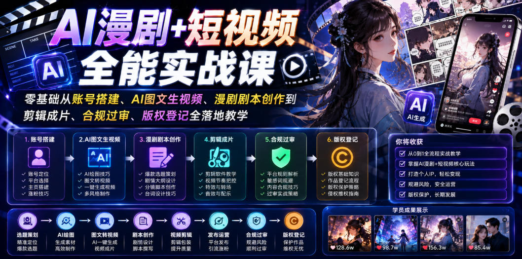 AI漫剧+短视频全能实战课｜零基础从账号搭建、AI图文生视频、漫剧剧本创作到剪辑成片、合规过审、版权登记全落地教学-宇文网创