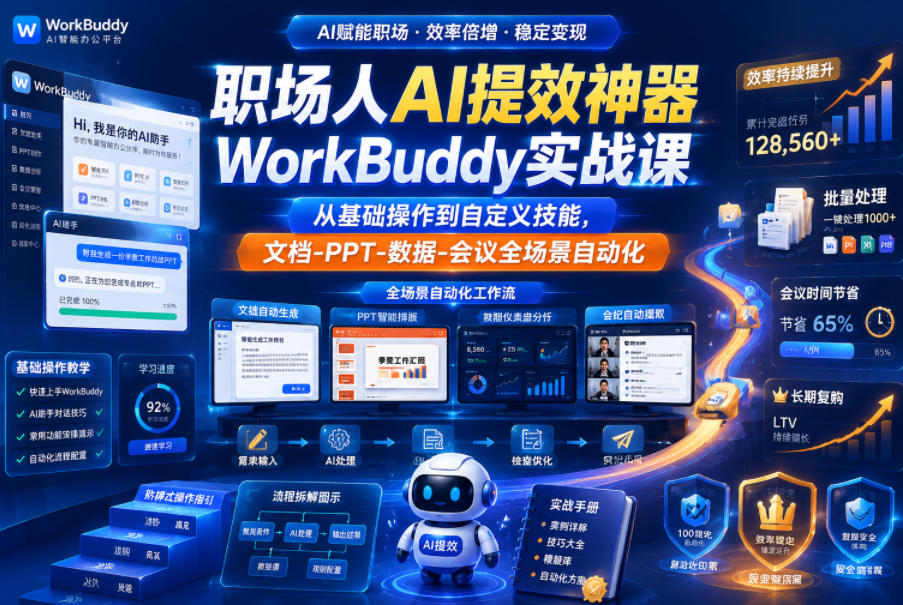职场人AI提效神器WorkBuddy实战课,从基础操作到自定义技能,文档-PPT-数据-会议全场景自动化-宇文网创
