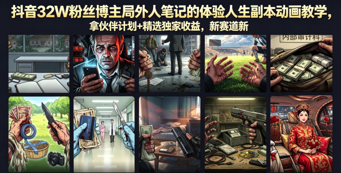 抖音32W粉丝博主局外人笔记的体验人生副本动画教学，拿伙伴计划+精选独家收益，新赛道新涨粉快【录制版】-宇文网创
