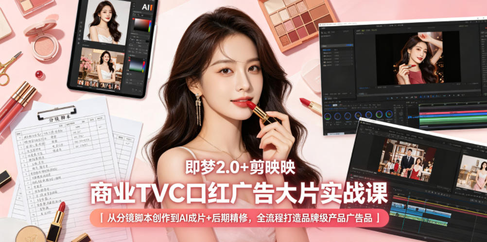 即梦2.0+剪映商业TVC口红广告大片实战课｜从分镜脚本创作到AI成片+后期精修，全流程打造品牌级产品广告-宇文网创