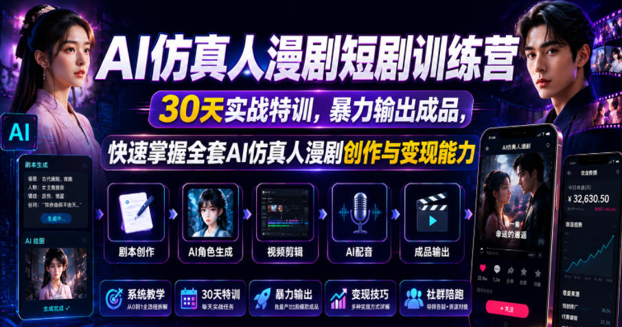 AI仿真人漫剧短剧训练营,30天实战特训,暴力输出成品,快速掌握全套AI仿真人漫剧创作与变现能力-宇文网创