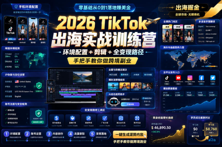 2026 TikTok出海实战训练营，环境配置 + 剪辑 + 全变现路径，手把手教你做跨境副业-宇文网创