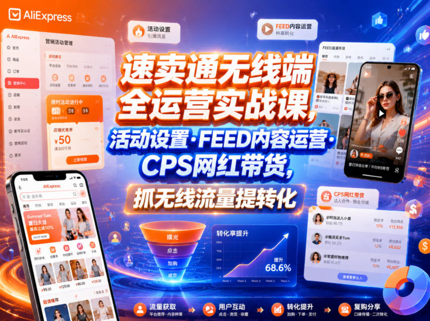 速卖通无线端全运营实战课,活动设置・FEED内容运营・CPS网红带货,抓无线流量提转化-宇文网创
