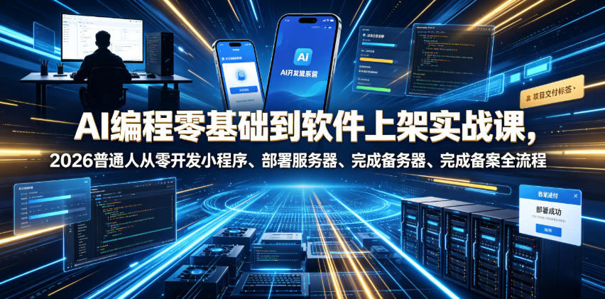 AI编程零基础到软件上架实战课，2026普通人从零开发小程序、部署服务器、完成备案全流程项目落地教程-宇文网创