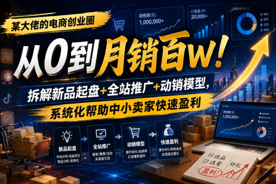 某大佬的电商创业圈从0到月销百W！拆解新品起盘+全站推广+动销模型，系统化帮助中小卖家快速盈利-宇文网创