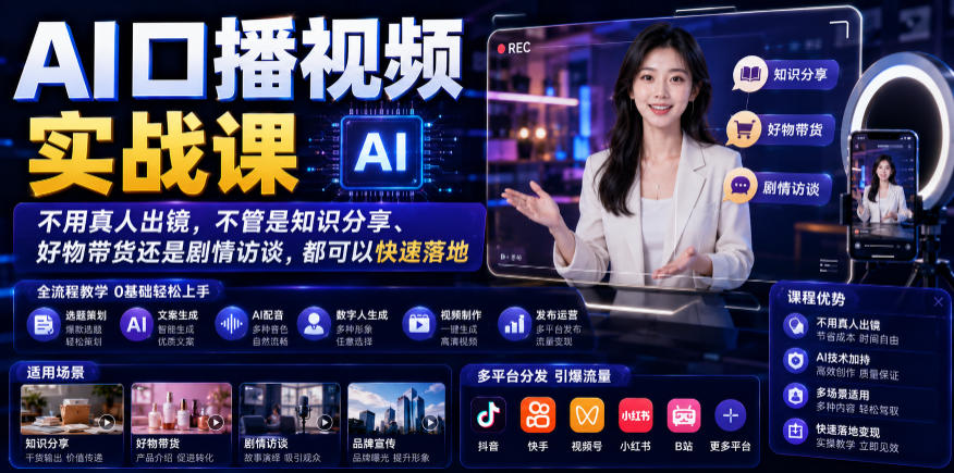 AI口播视频实战课，不用真人出镜，不管是知识分享、好物带货还是剧情访谈，都可以快速落地-宇文网创