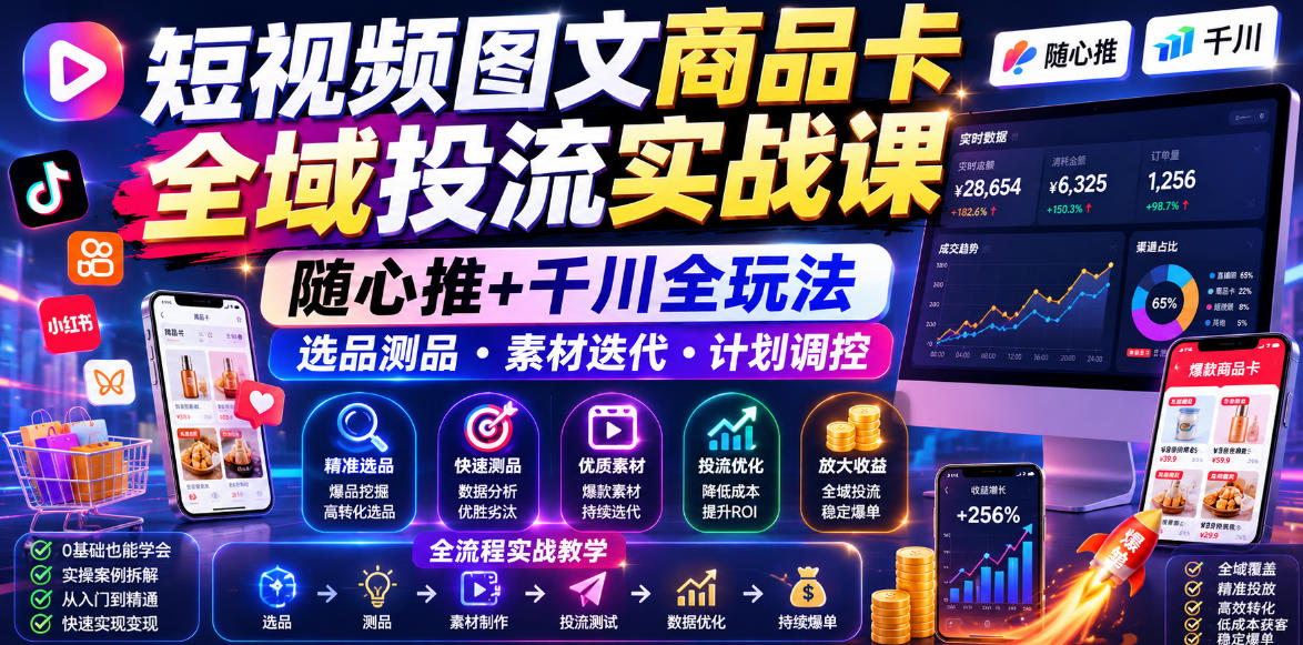短视频图文商品卡全域投流实战课,随心推+千川全玩法,选品测品・素材迭代・计划调控,提升ROI爆单增收教程-宇文网创