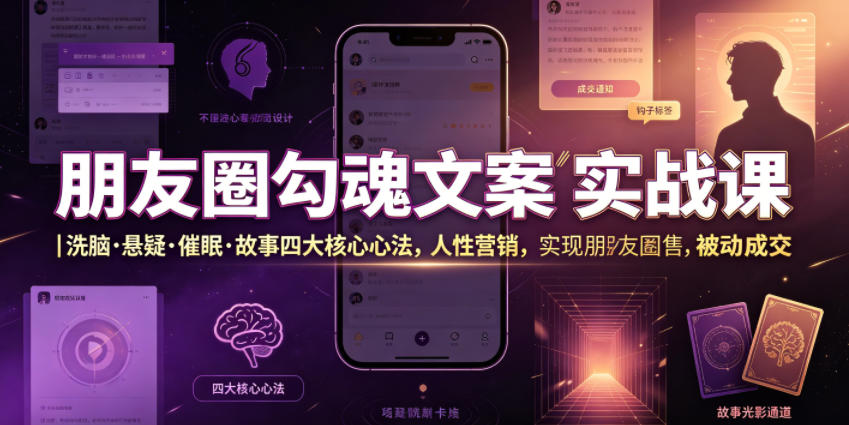 朋友圈勾魂文案实战课｜洗脑·悬疑·催眠·故事四大核心心法，吃透人性营销，实现朋友圈不销而售被动成交-宇文网创