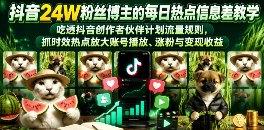 抖音24W粉丝博主的每日热点信息差教学，吃透创作者伙伴计划流量规则，抓时效热点放大账号播放、涨粉与变现收益-宇文网创