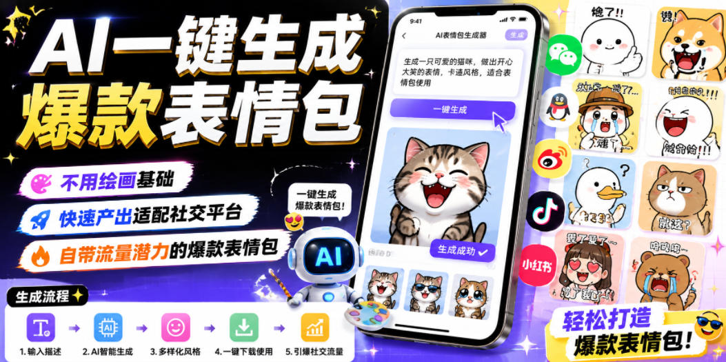 AI一键生成爆款表情包，不用绘画基础，快速产出适配社交平台，自带流量潜力的爆款表情包-宇文网创