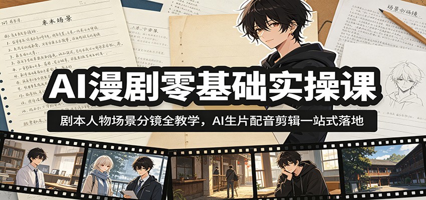 AI漫剧零基础实操课:剧本人物场景分镜全教学,AI生片配音剪辑一站式落地-宇文网创