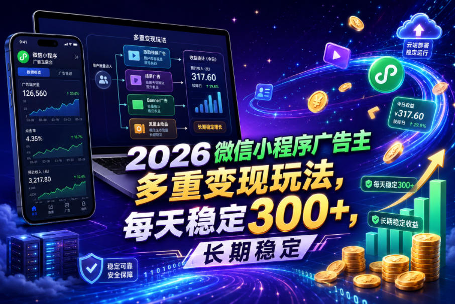 2026微信小程序广告主,多重变现玩法,每天稳定300+,长期稳定【揭秘】-宇文网创