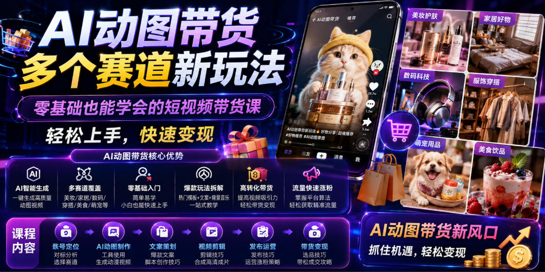 AI动图带货多个赛道新玩法，零基础也能学会的短视频带货课，轻松上手，快速变现-宇文网创