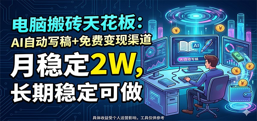 电脑搬砖天花板：AI自动写稿+免费变现渠道，月稳定2W，长期稳定可做-宇文网创