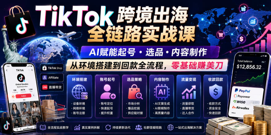 TikTok跨境出海全链路实战课,AI赋能起号・选品・内容制作,从环境搭建到回款全流程,零基础賺美刀-宇文网创
