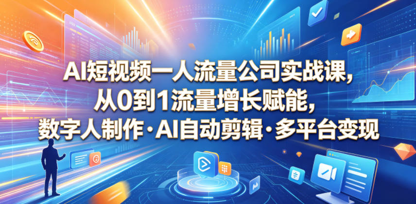 AI短视频一人流量公司实战课,从0到1流量增长赋能,数字人制作・AI自动剪辑・多平台变现,一人做流量生意全落地教程-宇文网创