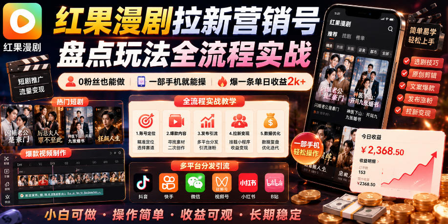 红果漫剧拉新营销号盘点玩法全流程实战，0粉丝也能做，一部手机就能做，爆一条单日收益2k+-宇文网创