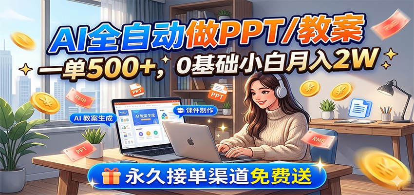 AI全自动做PPT/教案，一单500+，0基础小白月入2W，永久接单渠道免费送-宇文网创
