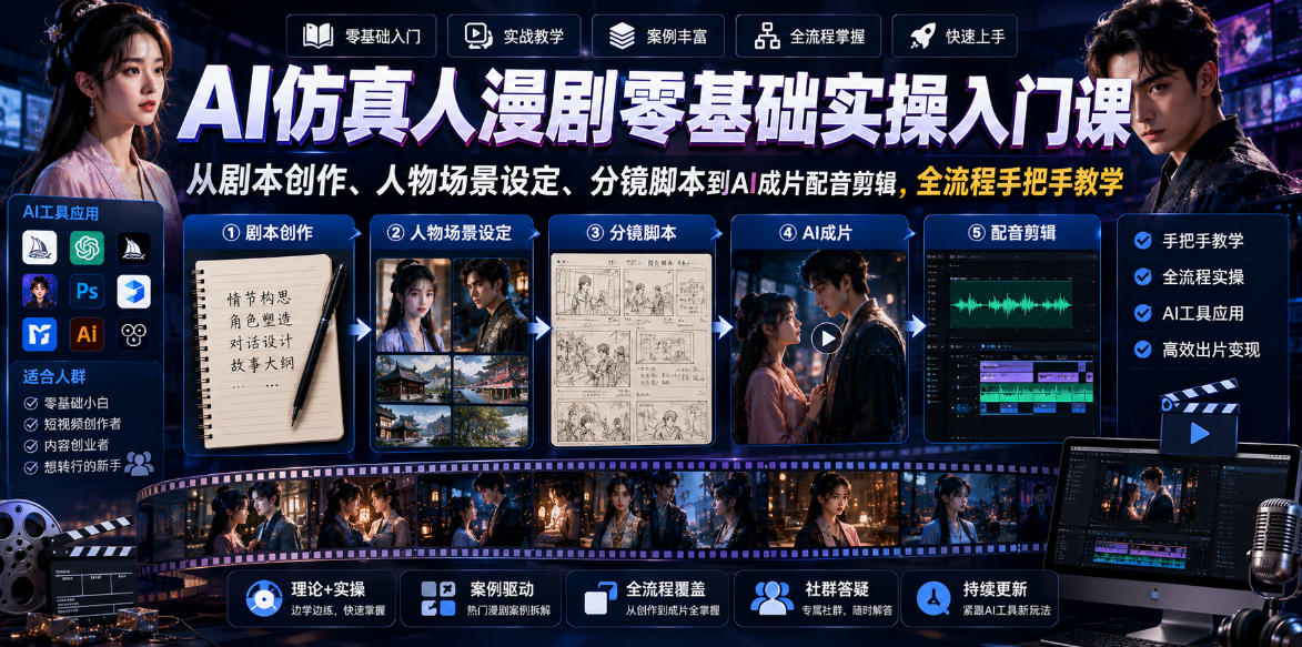 AI仿真人漫剧零基础实操入门课,从剧本创作、人物场景设定、分镜脚本到AI成片配音剪辑,全流程手把手教学-宇文网创