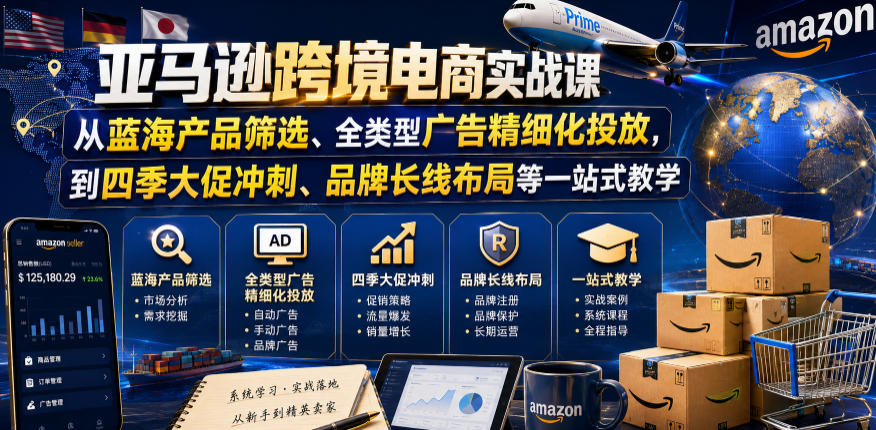 亚马逊跨境电商实战课，从蓝海产品筛选、全类型广告精细化投放，到四季大促冲刺、品牌长线布局等一站式教学-宇文网创
