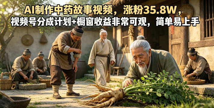 AI制作中药故事视频，涨粉35.8W，视频号分成计划+橱窗收益非常可观，简单易上手-宇文网创