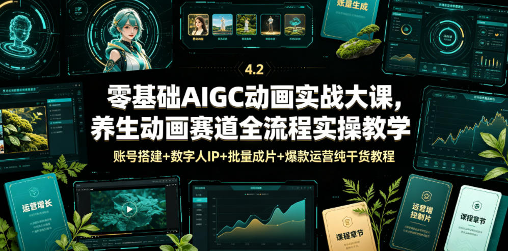 零基础AIGC动画实战大课，养生动画赛道全流程实操教学，账号搭建+数字人IP+批量成片+爆款运营纯干货教程-宇文网创