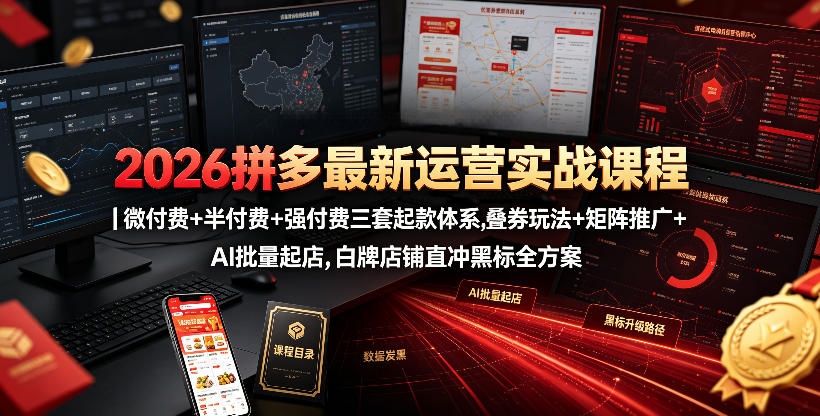 2026拼多多最新运营实战课程｜微付费+半付费+强付费三套起款体系，叠券玩法+矩阵推广+AI批量起店，白牌店铺直冲黑标全方案-宇文网创