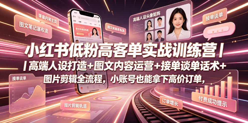 小红书低粉高客单实战训练营｜高端人设打造+图文内容运营+接单谈单话术+图片剪辑全流程，小账号也能拿下高价订单-宇文网创