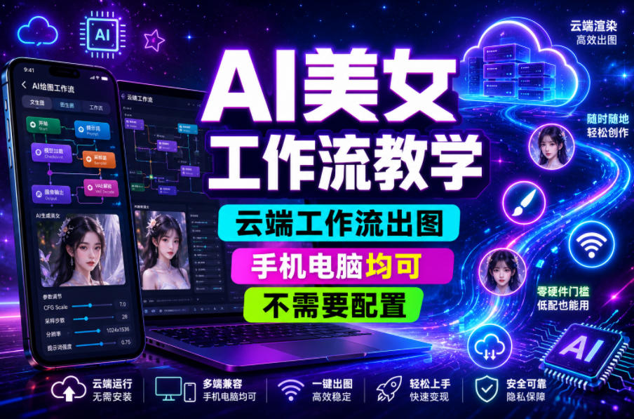 AI美女工作流教学,云端工作流出图,手机电脑均可,不需要配置,快速起号涨粉-宇文网创