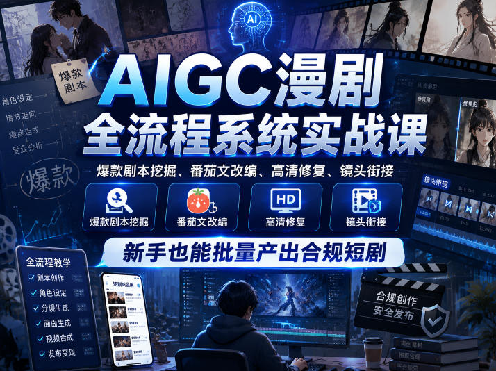 AIGC漫剧全流程系统实战课,爆款剧本挖掘、番茄文改编、高清修复、镜头衔接,新手也能批量产出合规短剧-宇文网创
