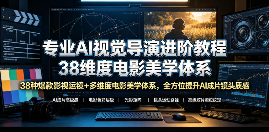 专业AI视觉导演进阶教程，38种爆款影视运镜+多维度电影美学体系，全方位提升AI成片高级感与镜头质感-宇文网创
