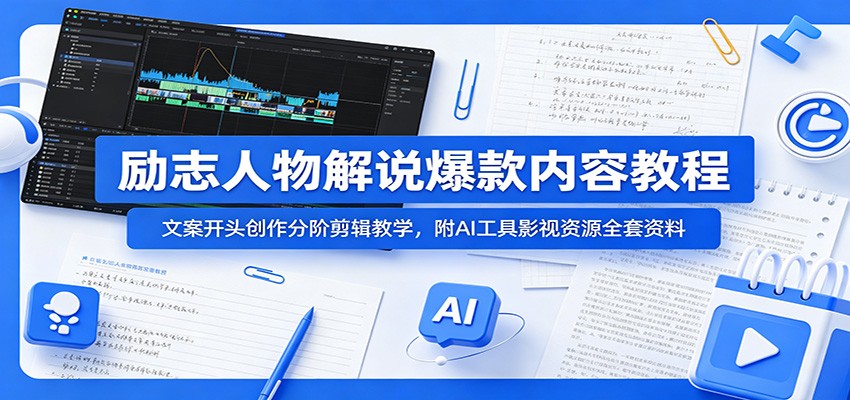 励志人物解说爆款内容教程:文案开头创作分阶剪辑教学,附AI 工具影视资源全套资料-宇文网创