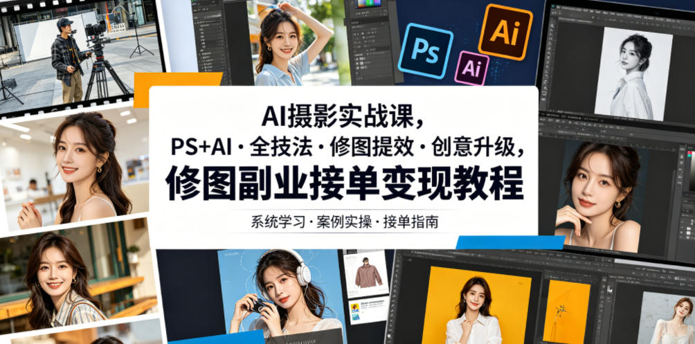 AI摄影实战课,PS+AI・全技法・修图提效・创意升级,修图副业接单变现教程-宇文网创