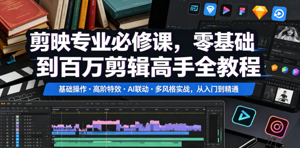 剪映专业必修课,零基础到百万剪辑高手全教程,基础操作・高阶特效・AI联动・多风格实战,从入门到精通-宇文网创
