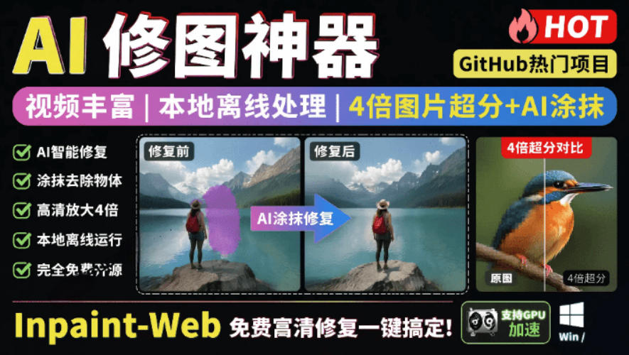 本地离线处理，4倍图片超分+AI涂抹去水印！Github上热门神器，免费高清修复图一键搞定！Inpaint-Web-宇文网创