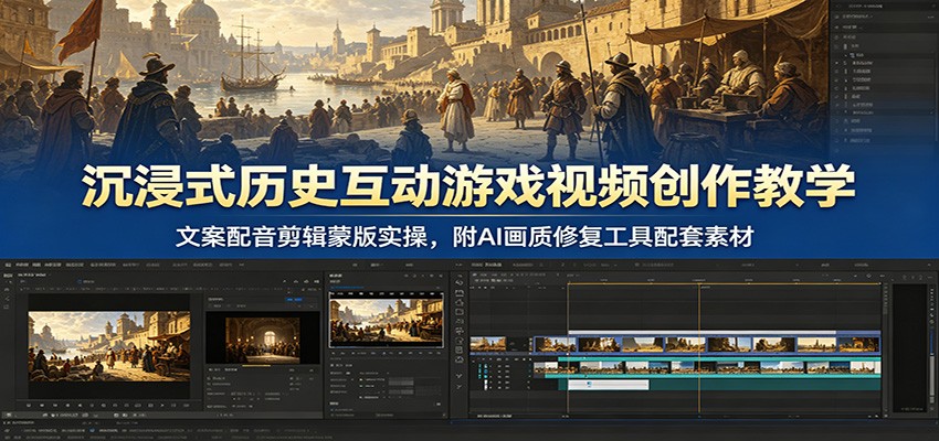 沉浸式历史互动游戏视频创作教学:文案配音剪辑蒙版实操,附AI画质修复工具配套素材-宇文网创