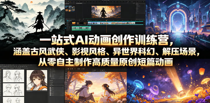 一站式AI动画创作训练营,涵盖古风武侠、影视风格、异世界科幻、解压场景,从零自主制作高质量原创短篇动画-宇文网创