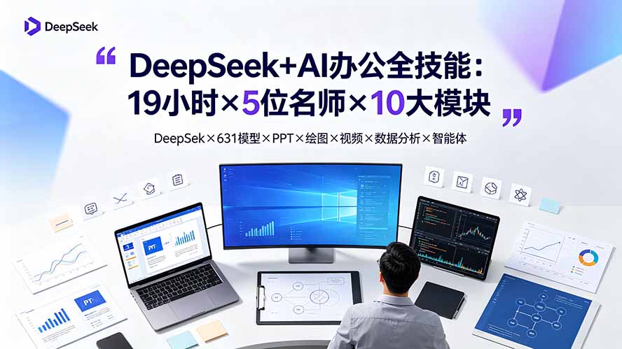 （19411期）DeepSeek+AI办公全技能：19小时×5位名师×10大模块，DeepSeek×631模型×PPT×绘图×视频×数据分析×智能体-宇文网创