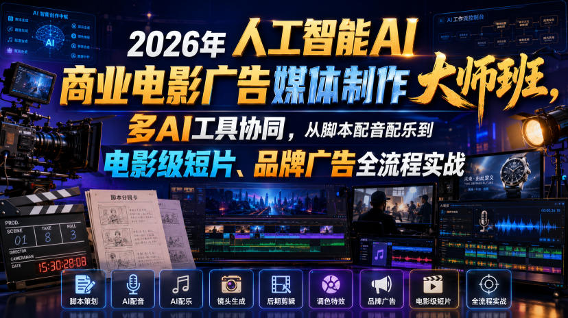 2026年人工智能AI商业电影广告媒体制作大师班,多AI工具协同,从脚本配音配乐到电影级短片、品牌广告全流程实战(中英字幕)-宇文网创