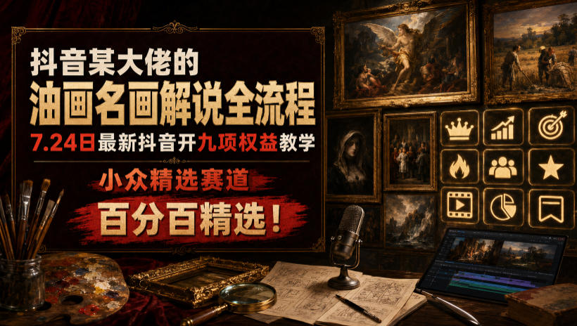 抖音某大佬的油画名画解说全流程,7.24日最新抖音开九项权益教学,小众精选赛道,百分百精选!-宇文网创