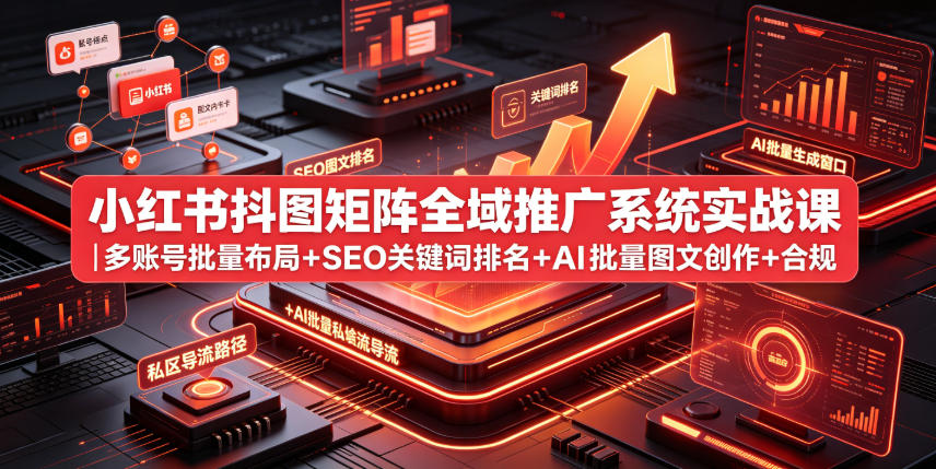 小红书抖图矩阵全域推广系统实战课|多账号批量布局+SEO关键词排名+AI批量图文创作+合规私域导流完整落地教程-宇文网创