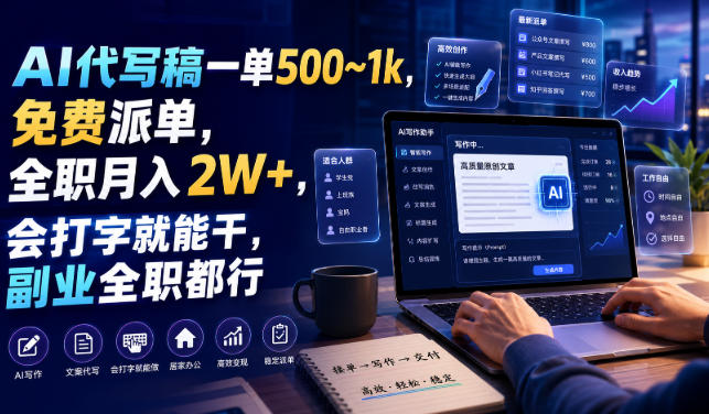 AI代写稿一单500~1k,免费派单,全职月入2W+,会打字就能干,副业全职都行【揭秘】-宇文网创