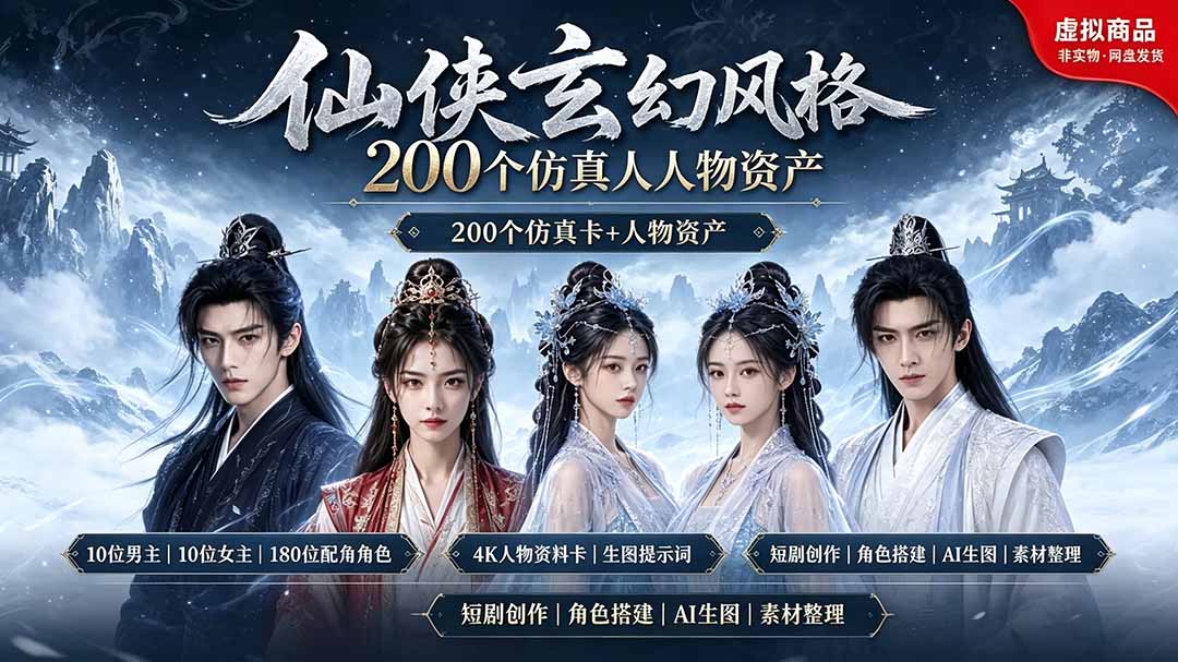 （19301期）200个仙侠玄幻仿真人素材◆10男主×10女主×180配角，4K资料卡+AI生图提示词，漫剧必备-宇文网创