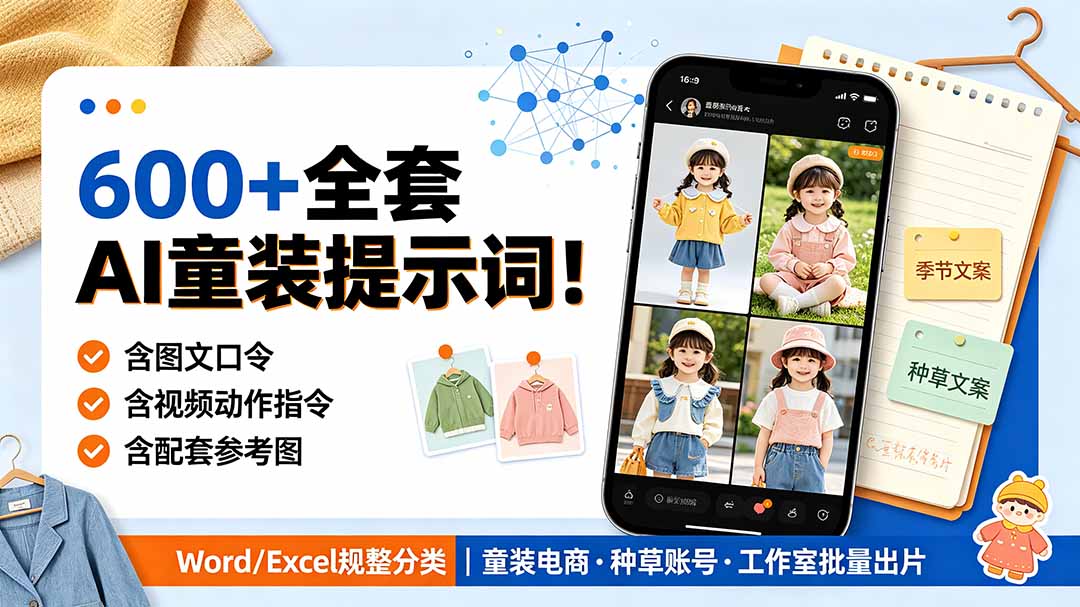 （19302期）600+全套AI童装提示词！含图文口令+视频动作指令+配套参考图，Word/Excel规整分类，童装电商、种草无脑量产内容-宇文网创