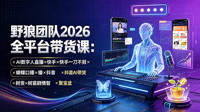 (19511期)野狼团队2026全平台带货课-7月:AI数字人直播×快手一刀不剪×蝴蝶口播×抖音AI带货×树苗剧情智剪×聚宝盆-宇文网创