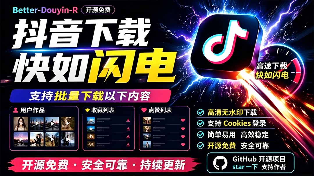 (19445期)别再乱找了!D音下载快如闪电,支持批量下载用户作品收藏列表和点赞列表,开源免费 Better-douyin-R-宇文网创