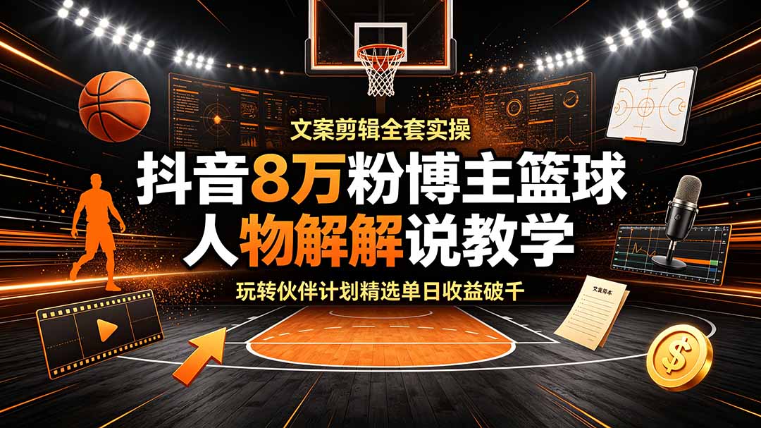 (19135期)抖音8万粉博主篮球人物解说教学,文案剪辑全套实操,玩转伙伴计划精选单日收益破千-宇文网创